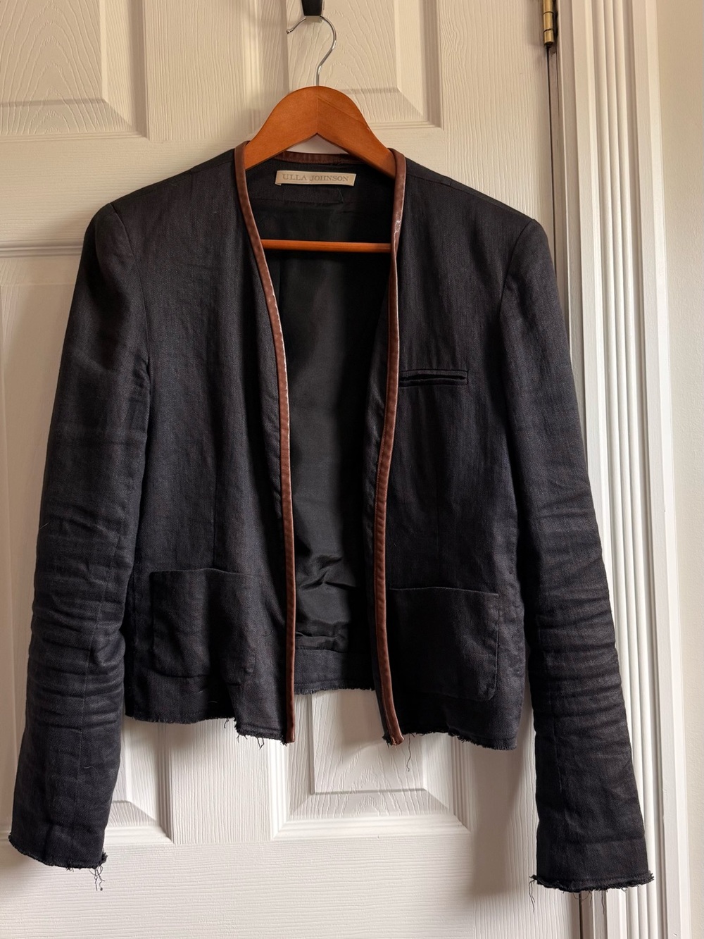 Ulla Johnson Linen Open Front Jacket - Black with Brown Leather Trim